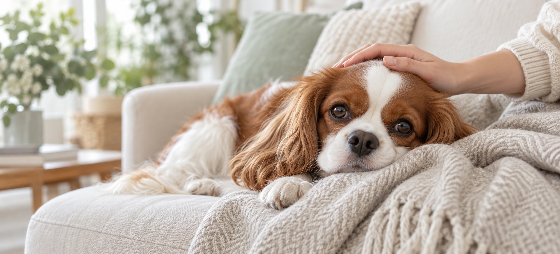飼い主にやさしくなでられながら、ソファでくつろぐ犬